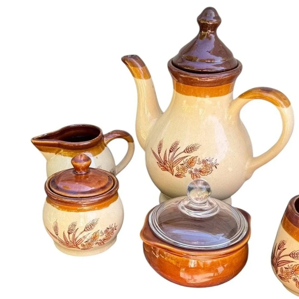 Vintage Stoneware Tea Set Wheat Pattern Teapot Creamer‎ Sugar 4 Mugs Brown Tan